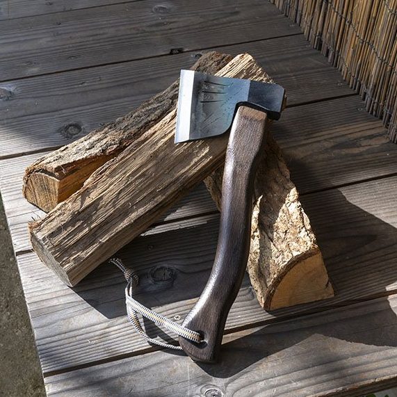 MIzuno Oak Handle Broad Axe on a wooden deck of a traditional Japanese house