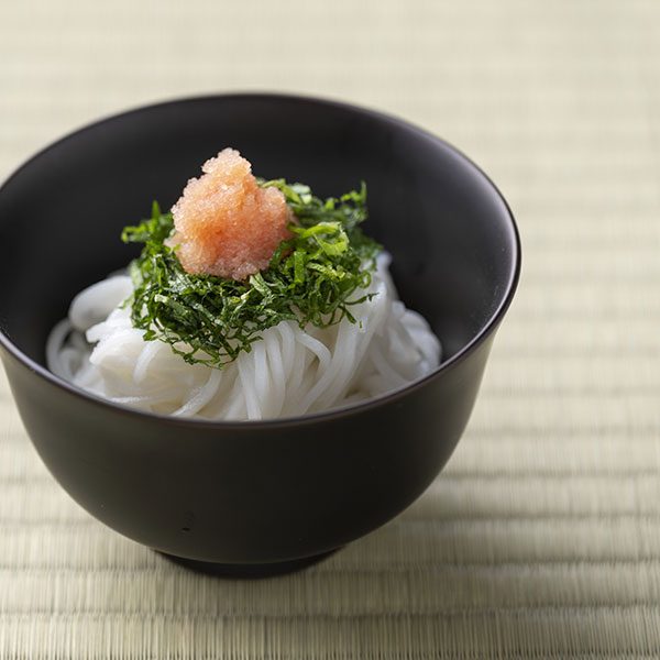 Okomen Gluten Free Semi Dried Japanese Whtite Noodles which cook in just 90 seconds. Served Cold with Dashi Broth with Shiso and Tarako