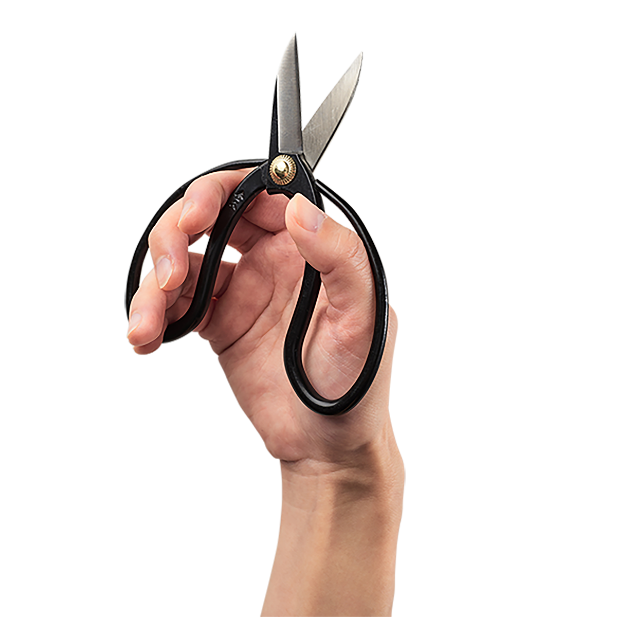 Black mini floral scissors held in a hand, blades open and ready for cutting.