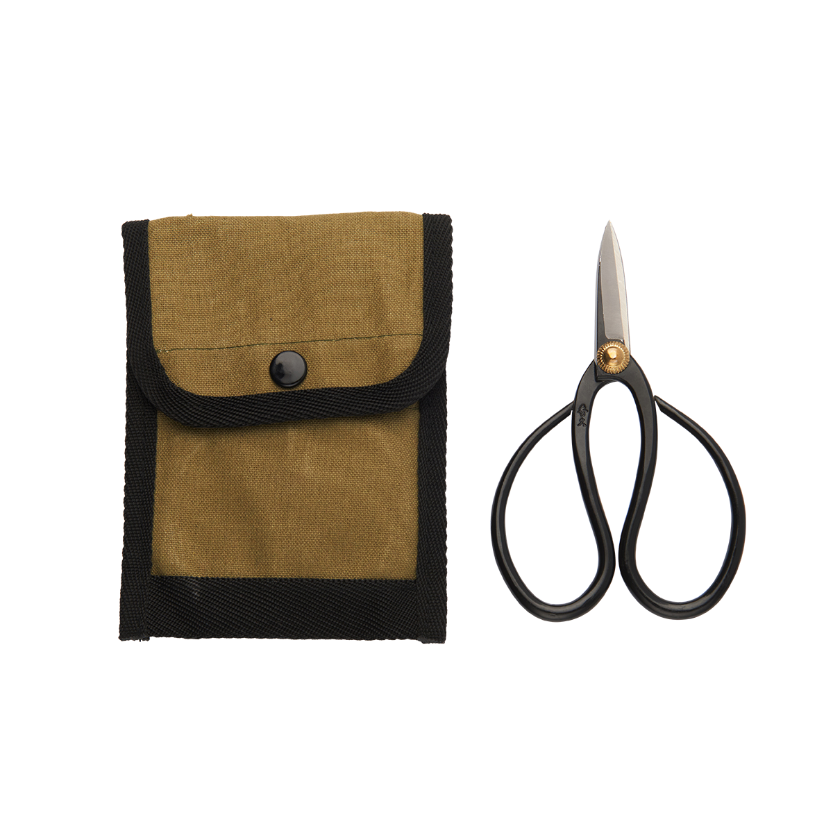 Black mini floral scissors shown together with a pouch
