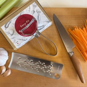 Japanese kitchen essential set including kasane petty knife, stainless peeler and grater