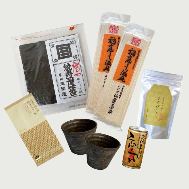 Premium Japanese Pantry and Dining Set containing 2 Packs of Inaniwa Udon Noodles, Roasted Sushi Nori, Hojicha Roasted Green Tea, Japanese Dashi Soup Stock, Noodle Dipping Sauce and a pair of gorgeous cold noodle dipping cups crafted by master ceramist