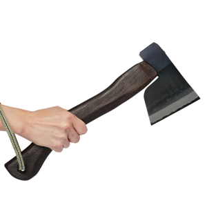 Hand holding Mizuno Japanese broad axe with oak handle