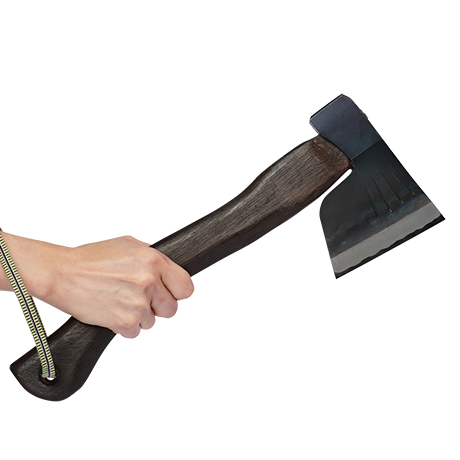 Hand holding Mizuno Japanese broad axe with oak handle